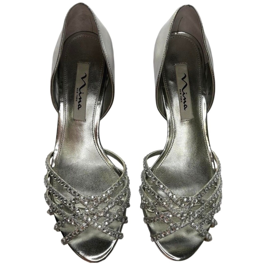 Nina New York Silver Metallic Rhinestone Strappy Kitten Heels Womens 7.5M HB RI